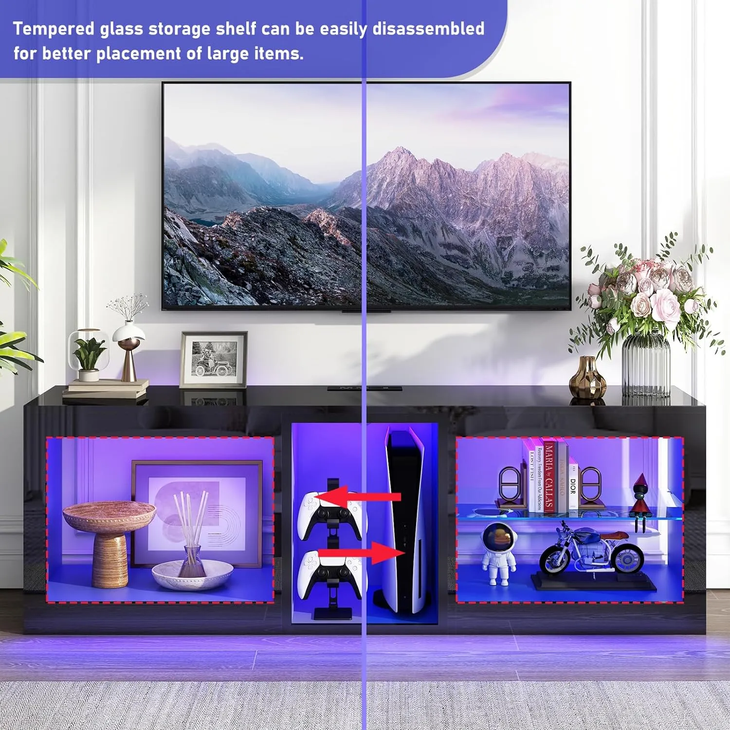 LED TV Stands W/Power Outlet for 50 55 60 65 70Inch TV,Black Entertainment Center W/70000-Colors Lights,High Gloss LED TV Console w/Adjustable Glass Shelves for Living Room Gameroom