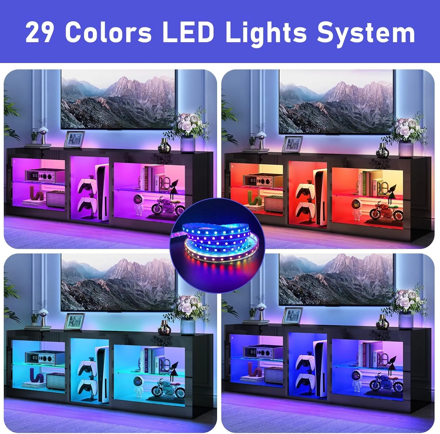 LED TV Stands W/Power Outlet for 50 55 60 65 70Inch TV,Black Entertainment Center W/70000-Colors Lights,High Gloss LED TV Console w/Adjustable Glass Shelves for Living Room Gameroom