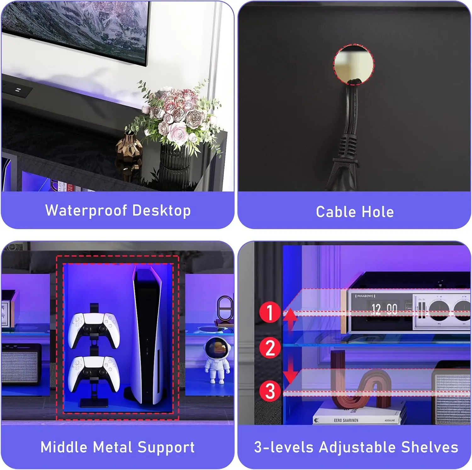 LED TV Stands W/Power Outlet for 50 55 60 65 70Inch TV,Black Entertainment Center W/70000-Colors Lights,High Gloss LED TV Console w/Adjustable Glass Shelves for Living Room Gameroom