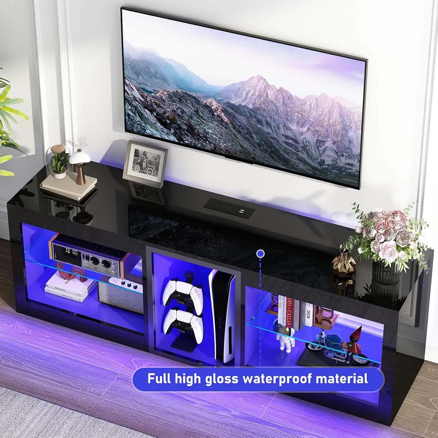 LED TV Stands W/Power Outlet for 50 55 60 65 70Inch TV,Black Entertainment Center W/70000-Colors Lights,High Gloss LED TV Console w/Adjustable Glass Shelves for Living Room Gameroom