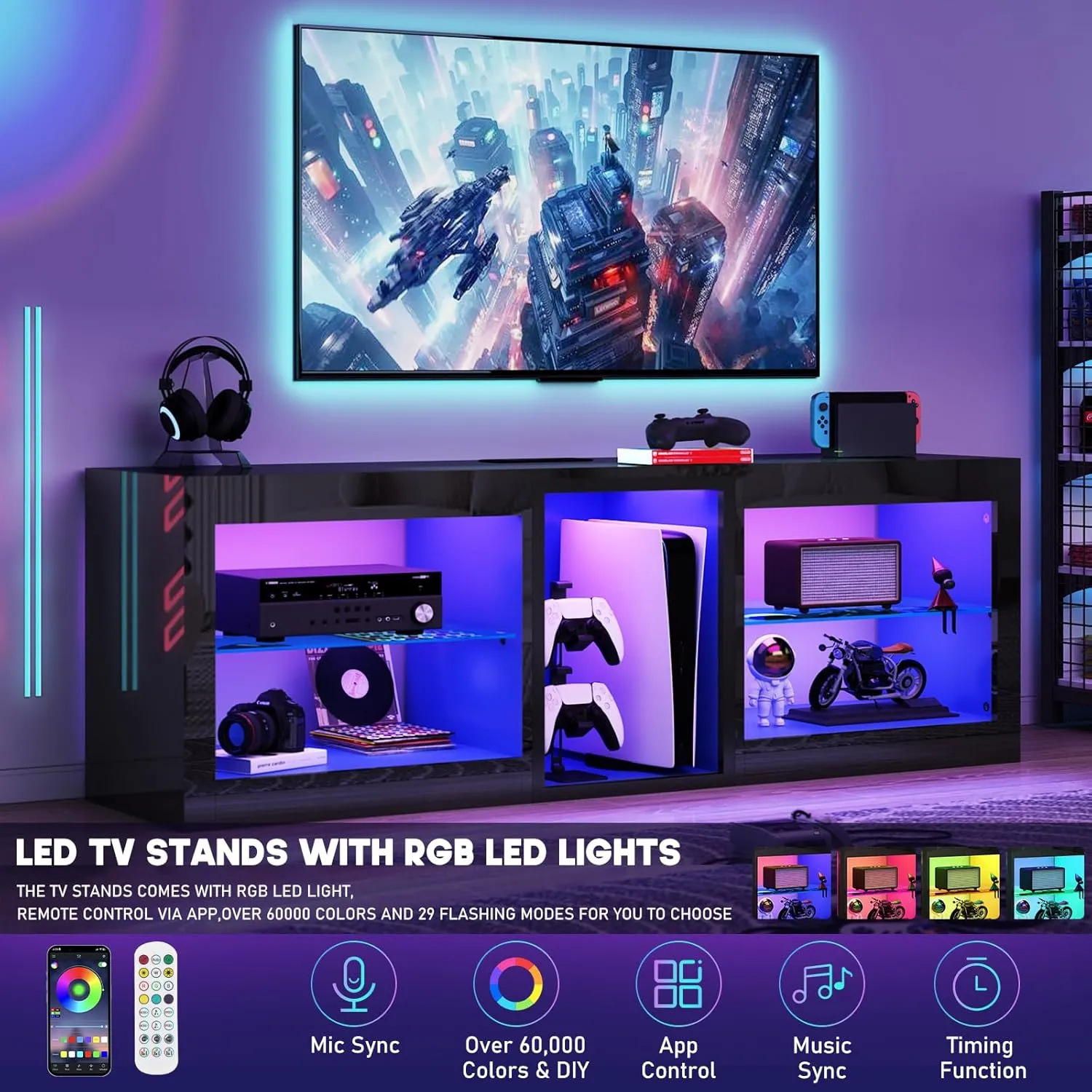 LED TV Stands W/Power Outlet for 50 55 60 65 70Inch TV,Black Entertainment Center W/70000-Colors Lights,High Gloss LED TV Console w/Adjustable Glass Shelves for Living Room Gameroom