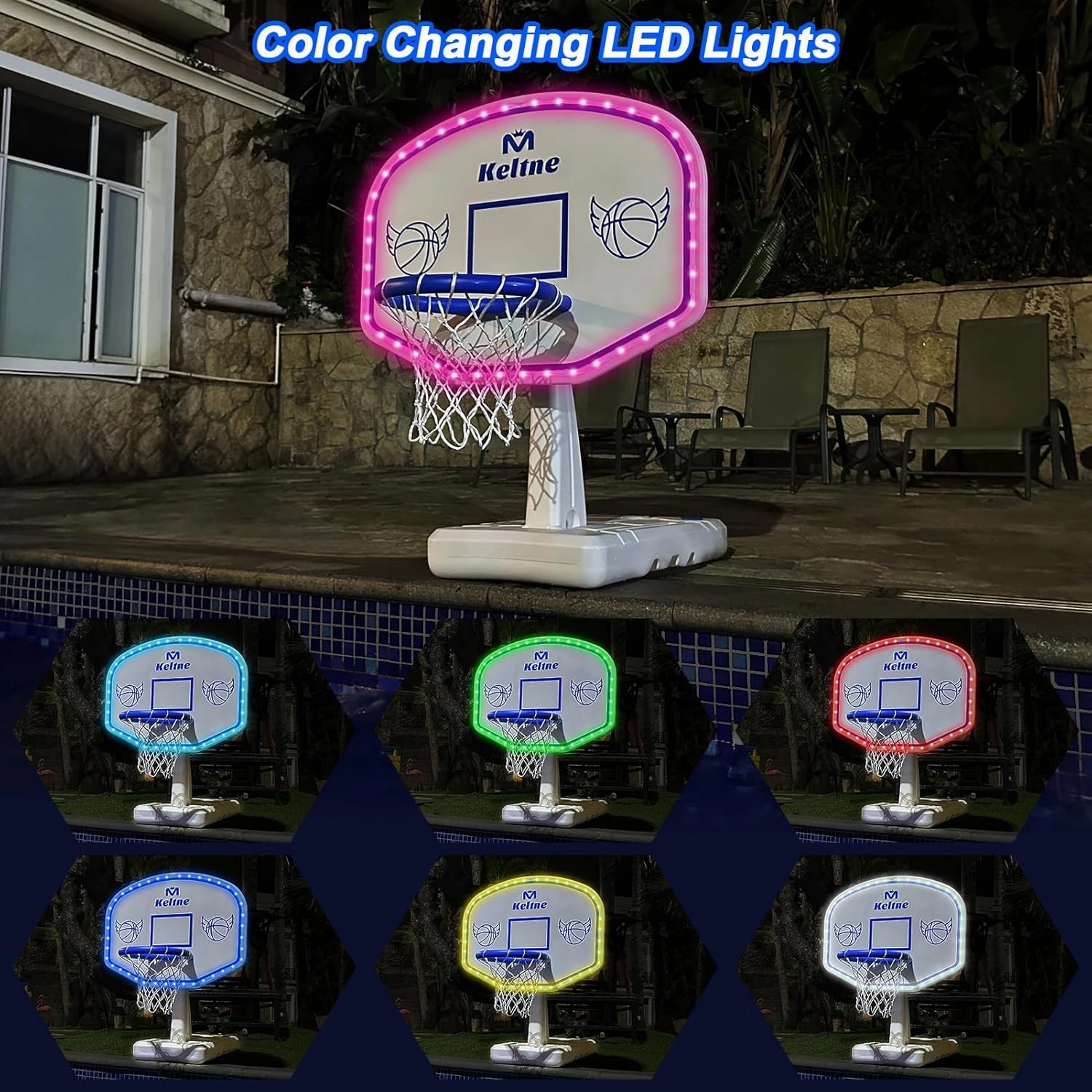 LED Pool Basketball Hoop Poolside, Oversized Water Basketball Hoop with Solar Colorful Lights, 34"x34"x42.2" Light Up Swimming Pool Basketball Hoops for Kids Adults, with 2 Balls and Pump.