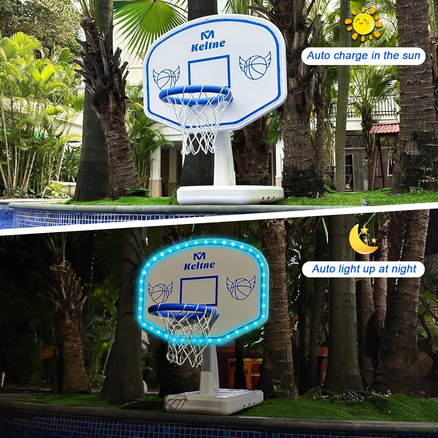 LED Pool Basketball Hoop Poolside, Oversized Water Basketball Hoop with Solar Colorful Lights, 34"x34"x42.2" Light Up Swimming Pool Basketball Hoops for Kids Adults, with 2 Balls and Pump.