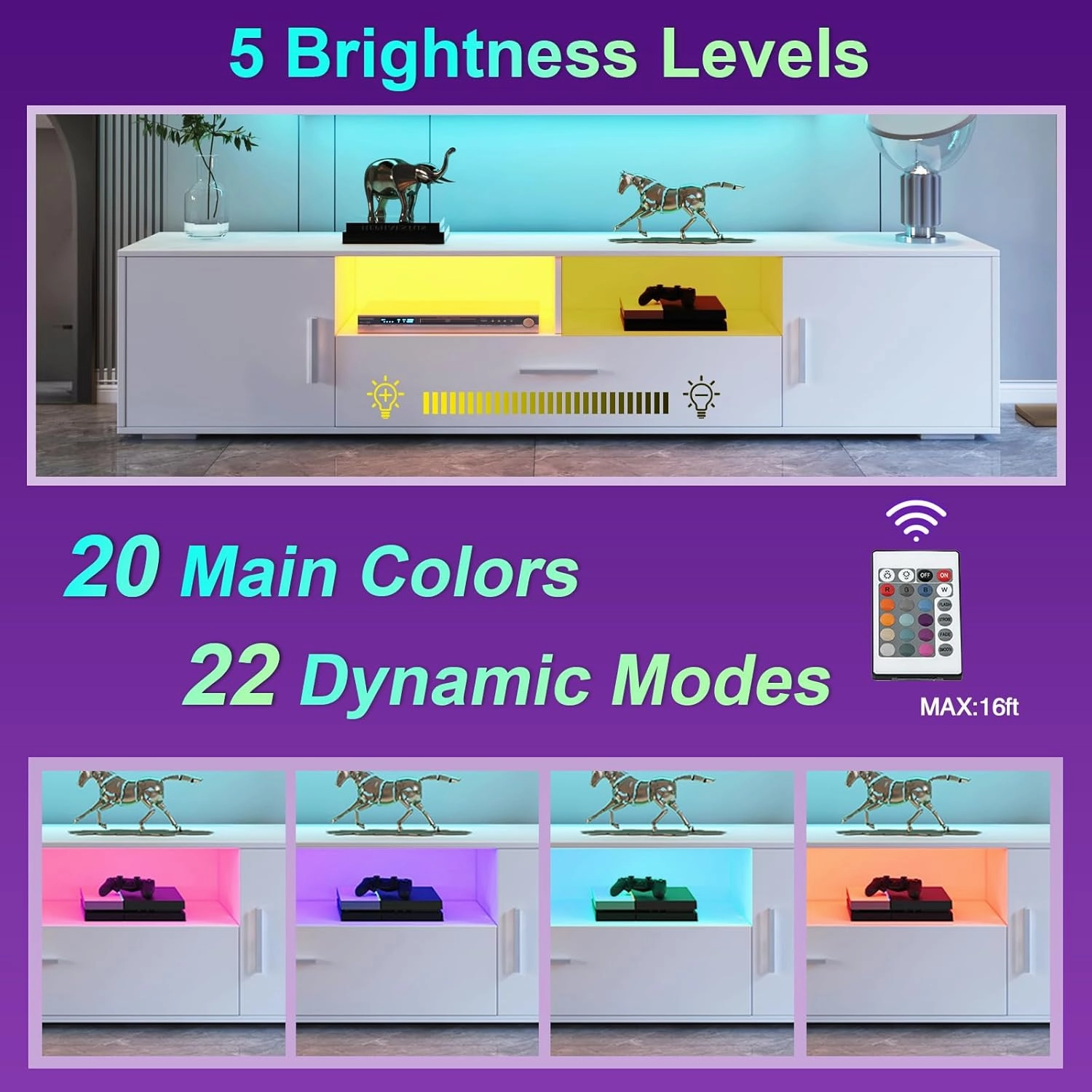 LED TV Stand for 75 Inch TV, High Gloss White 75 Inch TV Console Table, Modern Mirrored Entertainment Center with Storage Drawers and Lights for Living Room Gaming Room and Bedroom