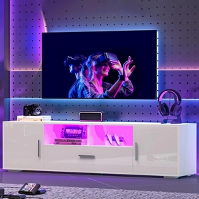 LED TV Stand for 75 Inch TV, High Gloss White 75 Inch TV Console Table, Modern Mirrored Entertainment Center with Storage Drawers and Lights for Living Room Gaming Room and Bedroom
