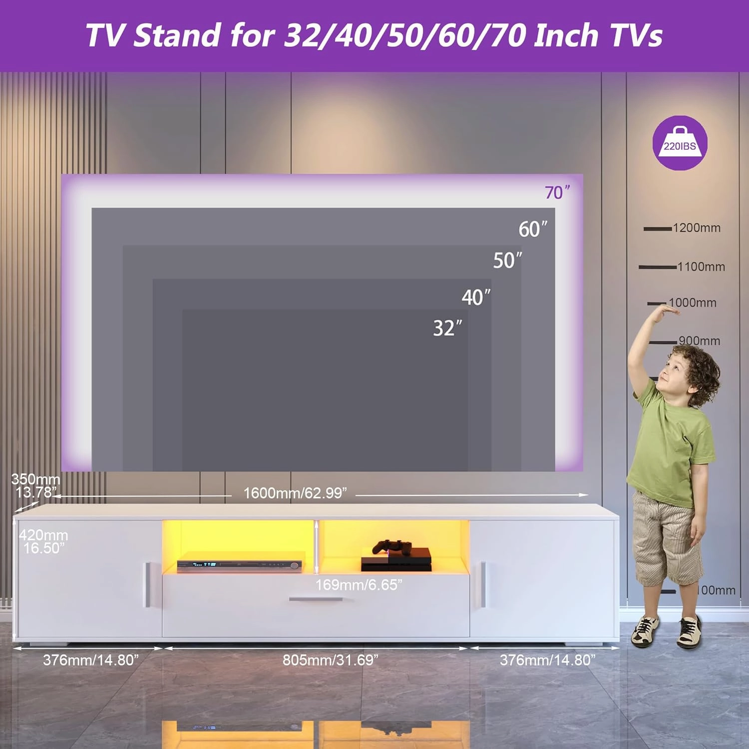LED TV Stand for 75 Inch TV, High Gloss White 75 Inch TV Console Table, Modern Mirrored Entertainment Center with Storage Drawers and Lights for Living Room Gaming Room and Bedroom