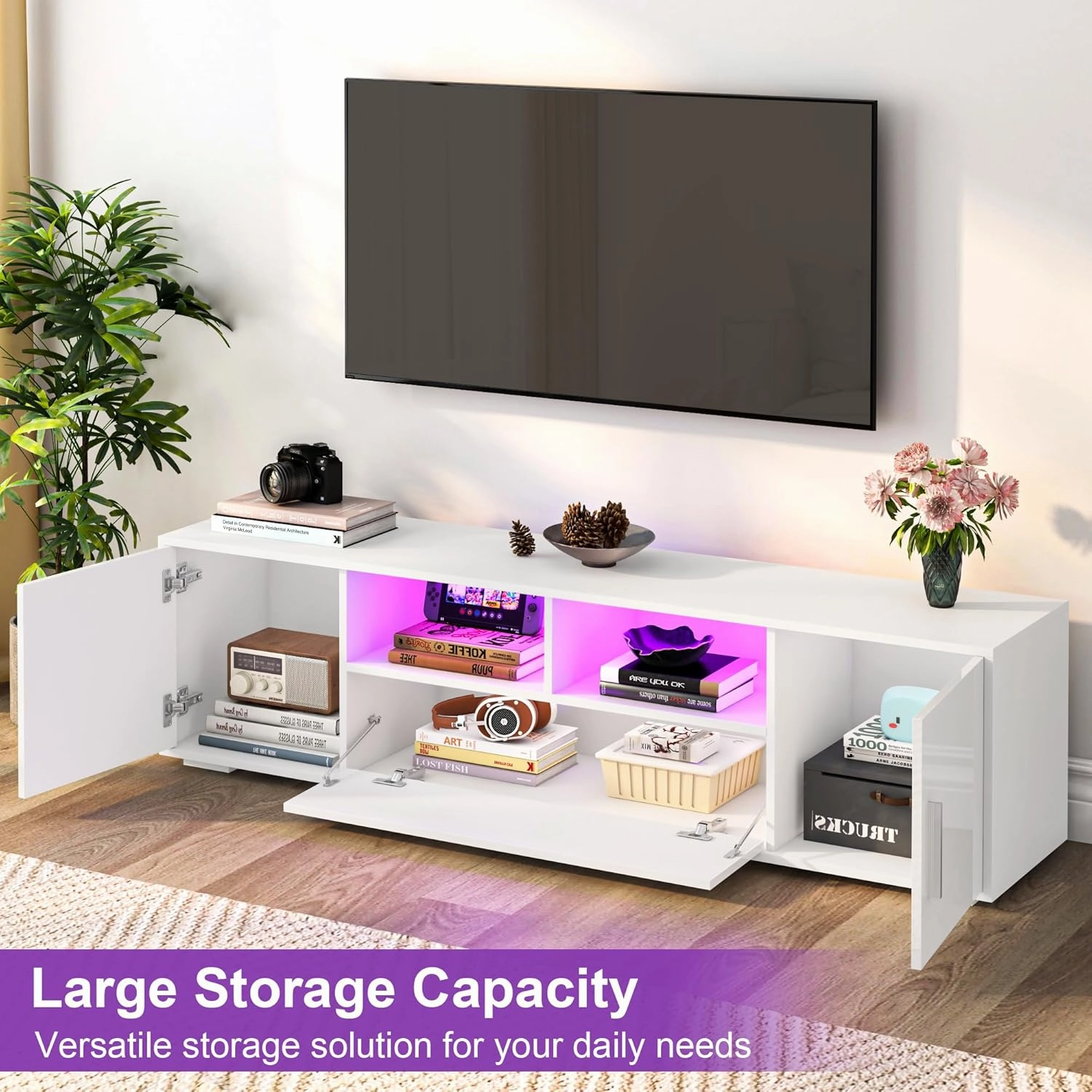 LED TV Stand for 75 Inch TV, High Gloss White 75 Inch TV Console Table, Modern Mirrored Entertainment Center with Storage Drawers and Lights for Living Room Gaming Room and Bedroom