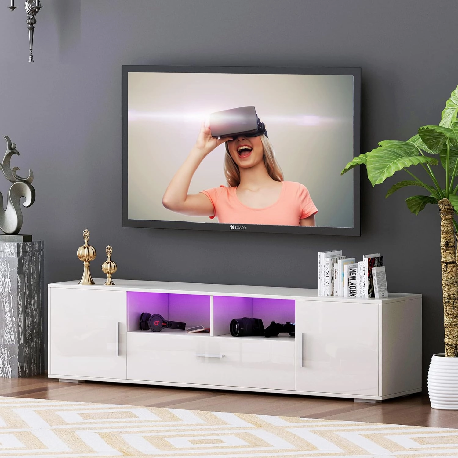 LED TV Stand for 75 Inch TV, High Gloss White 75 Inch TV Console Table, Modern Mirrored Entertainment Center with Storage Drawers and Lights for Living Room Gaming Room and Bedroom