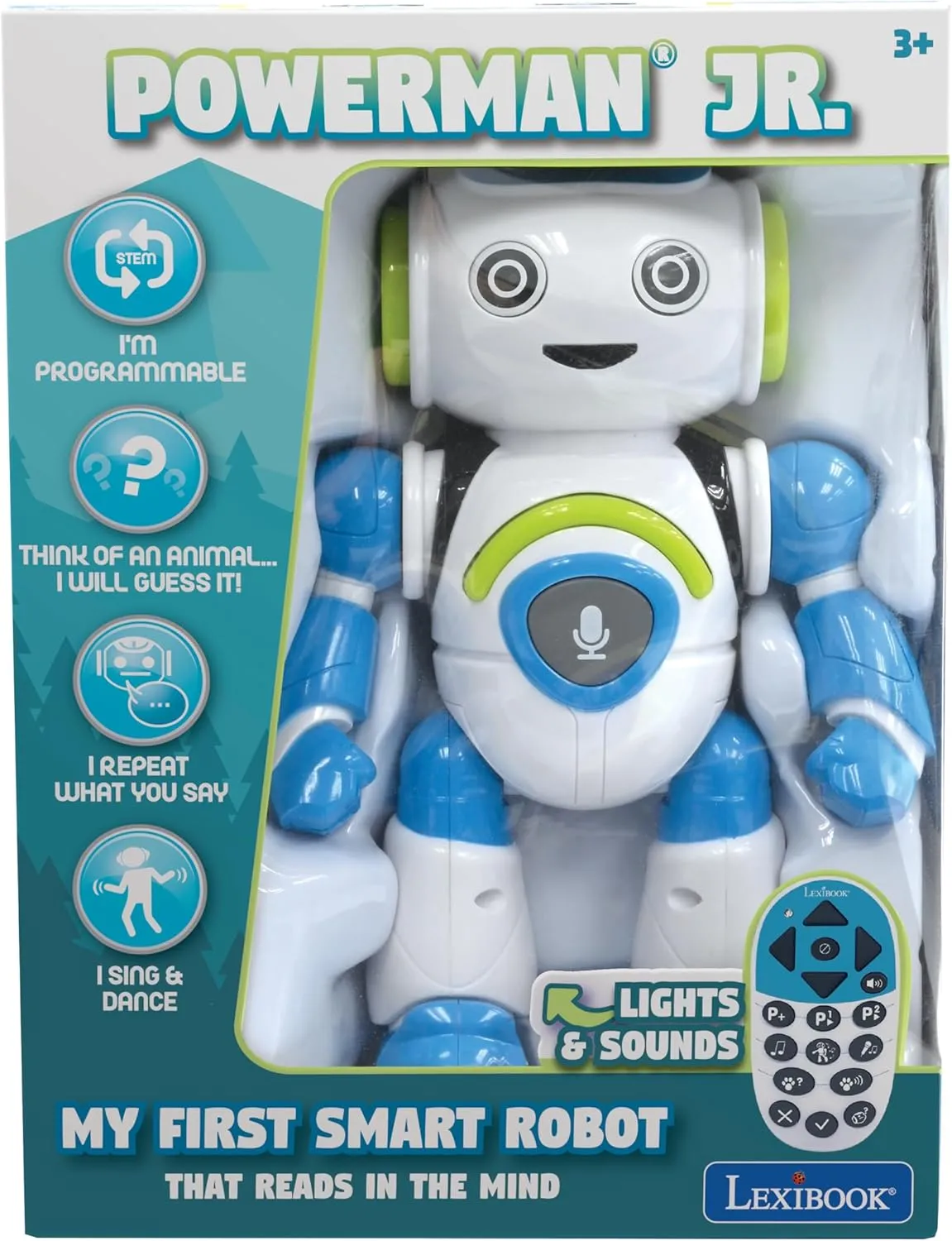 Lexibook - Powerman Jr. Smart Interactive Toy That Reads in The Mind Toy for Kids Dancing Plays Music Animal Quiz STEM Programmable Remote Control Boy Robot Junior Green/Blue - ROB20EN