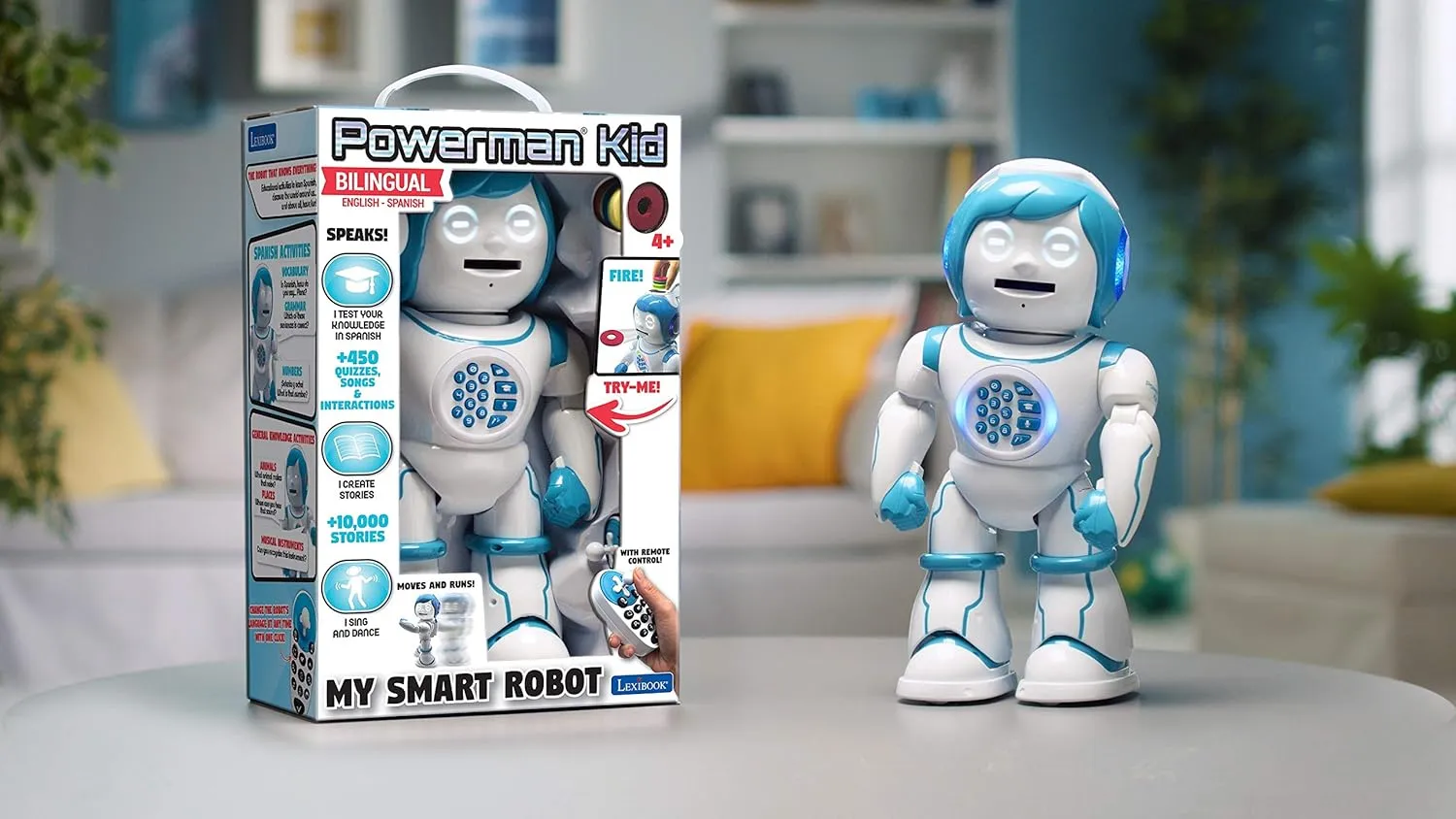 Lexibook Powerman Kid - Educational and Bilingual English/Spanish Robot - Walking Talking Dancing Singing Toy - STEM Programmable Telling Creating Stories - Quizzes Shooting Discs for Kids - ROB90US