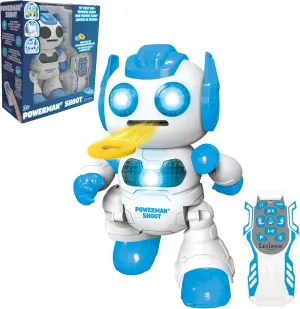LEXIBOOK, Powerman® Shoot, My First Disk Launcher, Programmable Robot with Remote Control, Play Music and Dance, Light and Sound Effects, 12 Foam Discs, ROB17