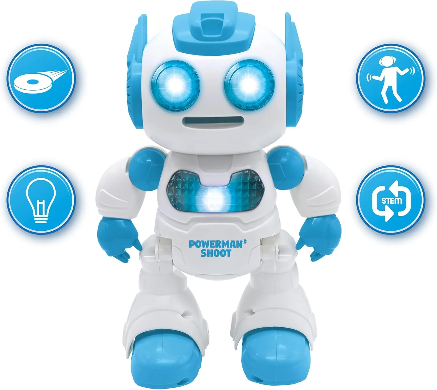LEXiBOOK, Powerman Shoot - My First Throwing-disc Robot, Programmable Remote Control Robot, Plays Music and Dances, Sound and Light Effects, 12 Foam Discs, ROB17, White/Blue