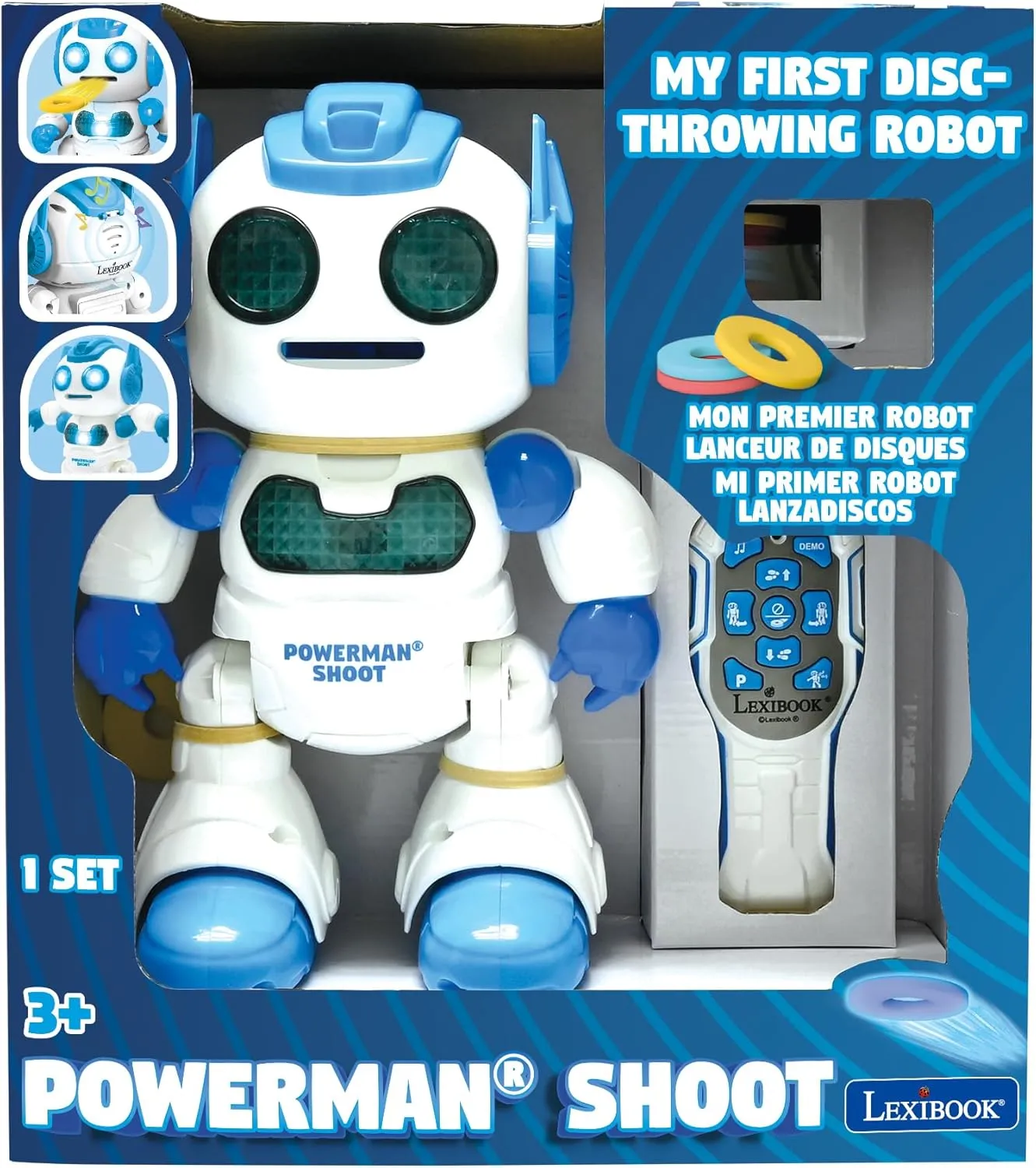 LEXiBOOK, Powerman Shoot - My First Throwing-disc Robot, Programmable Remote Control Robot, Plays Music and Dances, Sound and Light Effects, 12 Foam Discs, ROB17, White/Blue