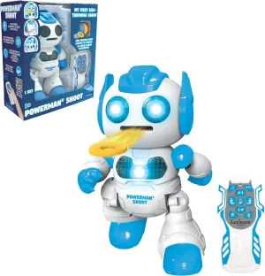 LEXiBOOK, Powerman Shoot - My First Throwing-disc Robot, Programmable Remote Control Robot, Plays Music and Dances, Sound and Light Effects, 12 Foam Discs, ROB17, White/Blue