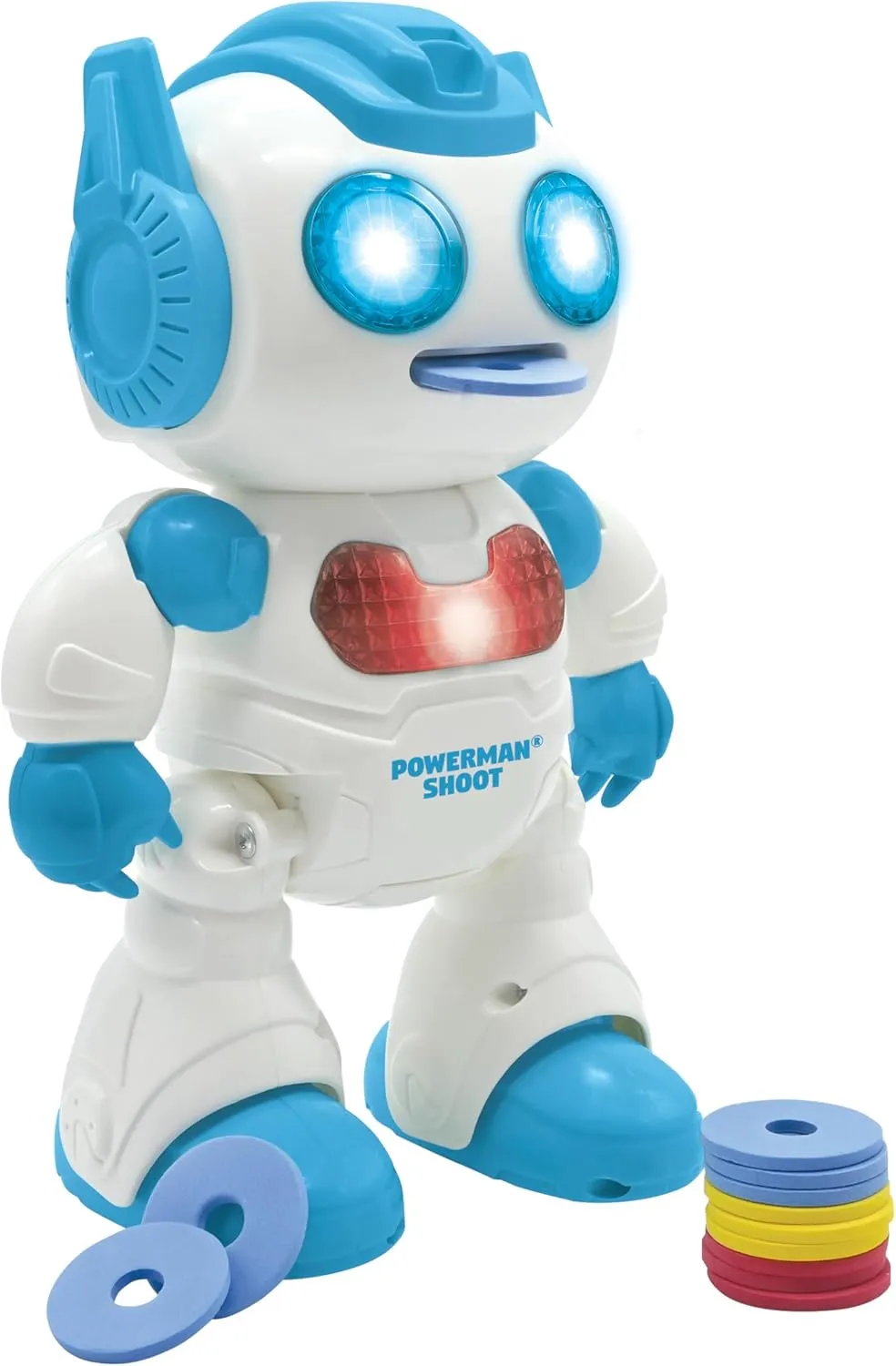 LEXiBOOK, Powerman Shoot - My First Throwing-disc Robot, Programmable Remote Control Robot, Plays Music and Dances, Sound and Light Effects, 12 Foam Discs, ROB17, White/Blue
