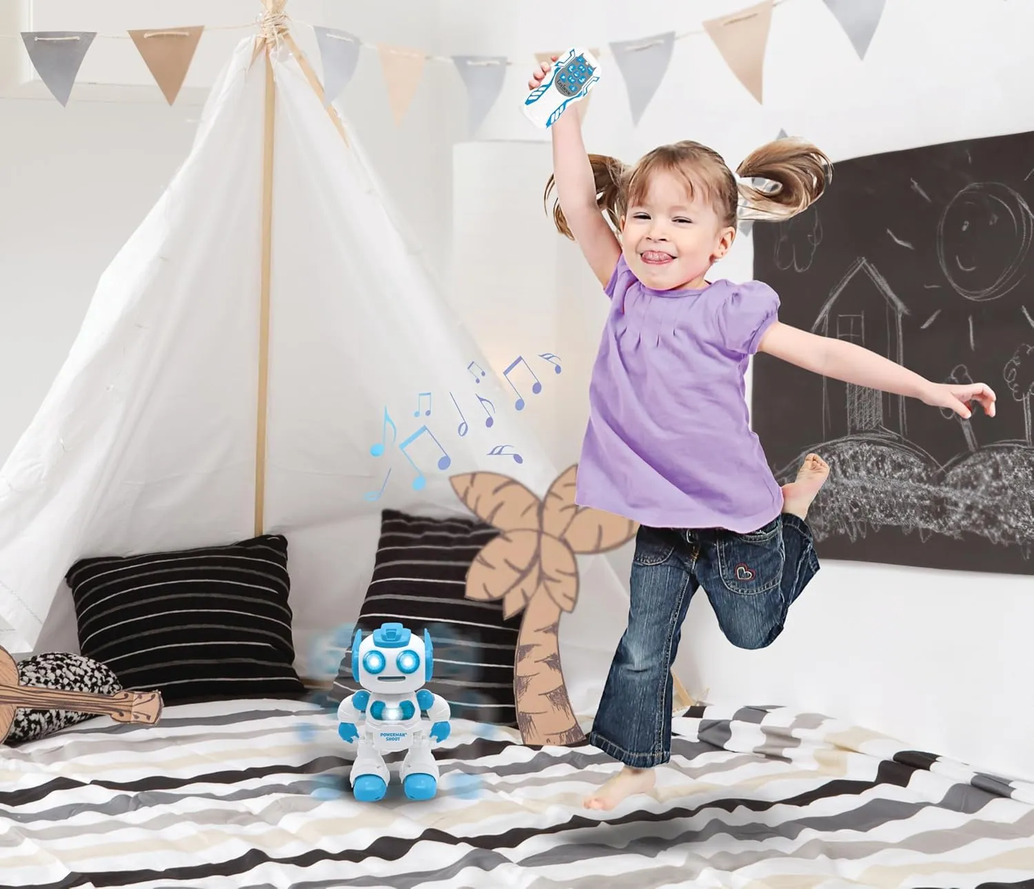 LEXiBOOK, Powerman Shoot - My First Throwing-disc Robot, Programmable Remote Control Robot, Plays Music and Dances, Sound and Light Effects, 12 Foam Discs, ROB17, White/Blue