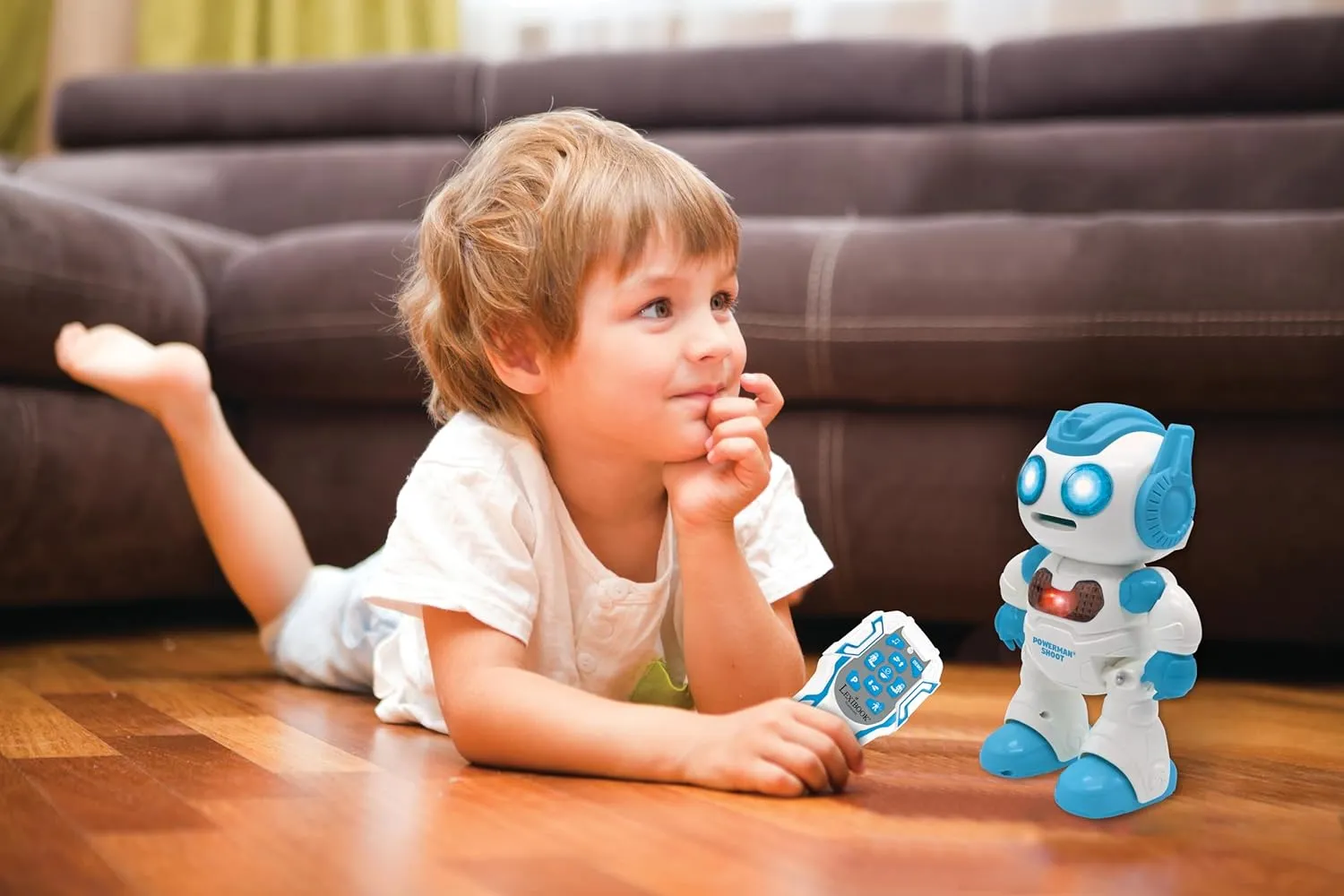 LEXiBOOK, Powerman Shoot - My First Throwing-disc Robot, Programmable Remote Control Robot, Plays Music and Dances, Sound and Light Effects, 12 Foam Discs, ROB17, White/Blue