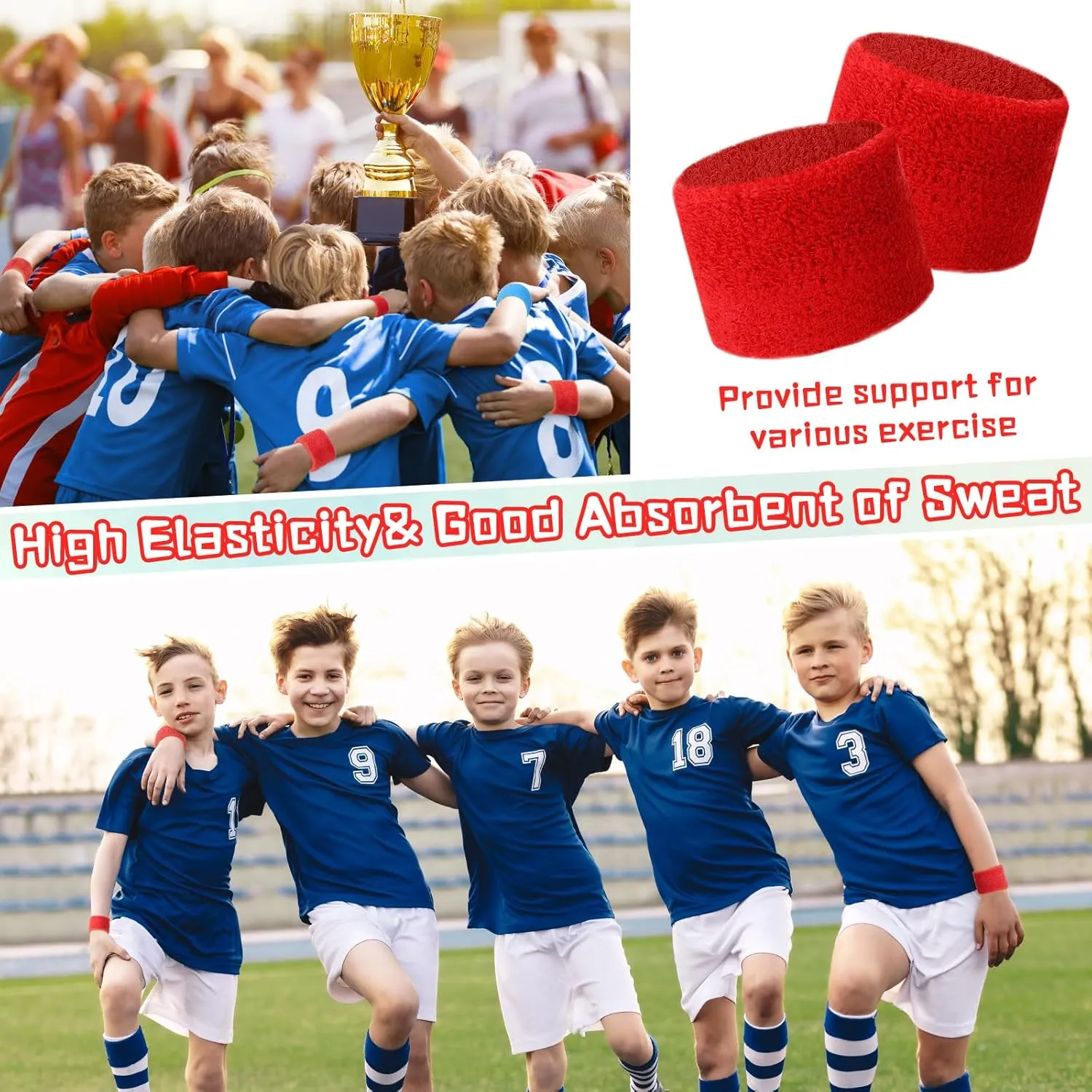 Leyndo 72 Pcs Wrist Sweatbands Bulk for Kids Field Day Cotton Terry Sweat Bands Sports Fan Wristbands Kids for Summer Camp Student Football Team Competition Party