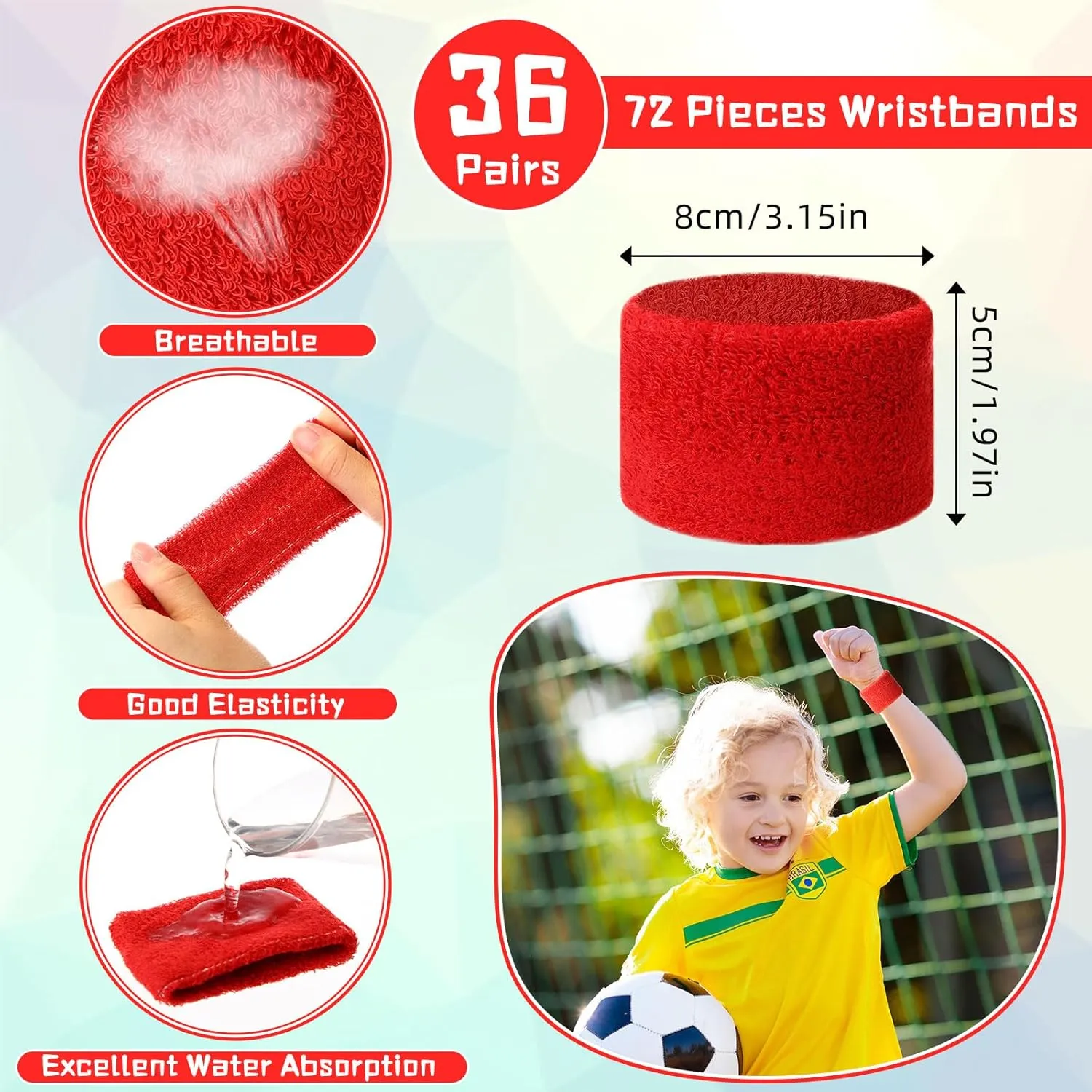 Leyndo 72 Pcs Wrist Sweatbands Bulk for Kids Field Day Cotton Terry Sweat Bands Sports Fan Wristbands Kids for Summer Camp Student Football Team Competition Party