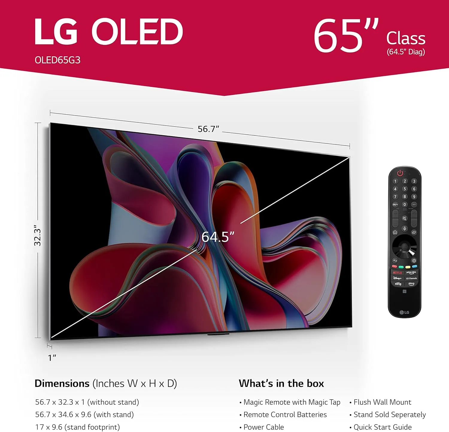 LG G3 Series 65-Inch Class OLED evo 4K Processor Smart Flat Screen TV for Gaming with Magic Remote AI-Powered Gallery Edition OLED65G3PUA, 2023 with Alexa Built-in