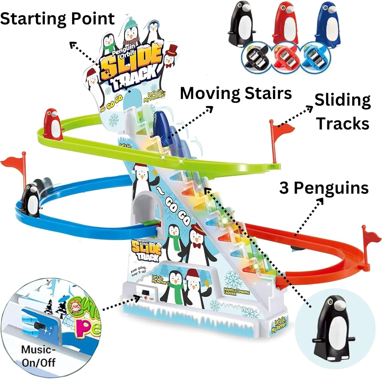 Liberty Imports Musical Orbit Chasing Race Track Game Set - Playful Roller Coaster Playset with Led Flashing Lights and Music On/Off Button for Toddlers ad Kids (Penguin)