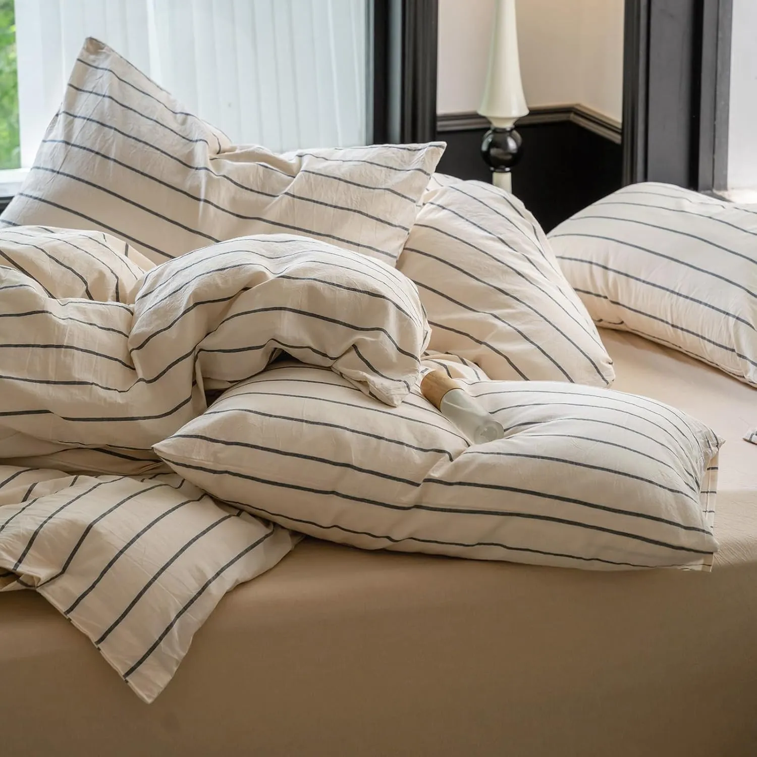 LifeTB Boho Striped Duvet Cover Sets King Beige Cream Duvet Cover with Grey Stripes Pattern Comforter Cover Breathable Farmhouse Bedding 100% Washed Cotton Striped Bedding Comforter Cover King Size