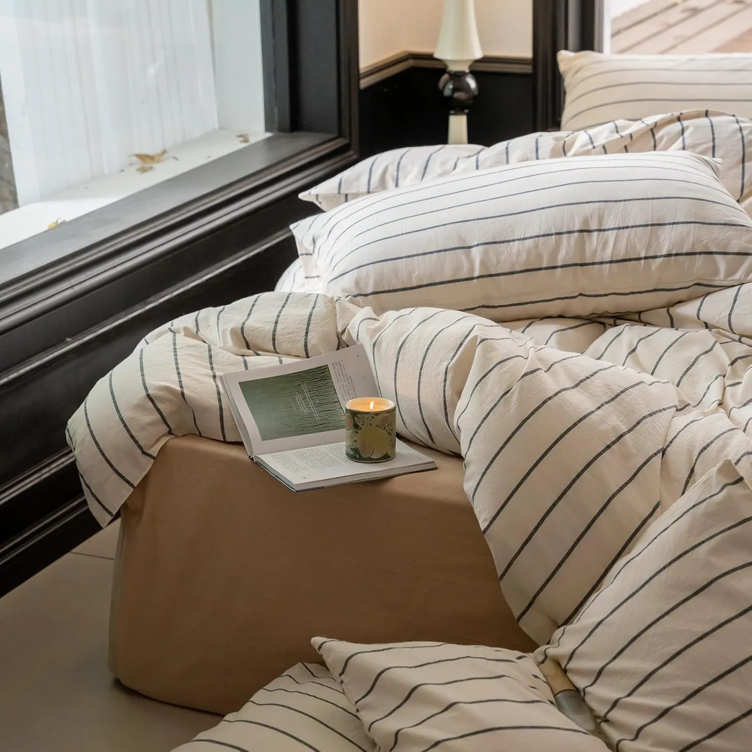 LifeTB Boho Striped Duvet Cover Sets King Beige Cream Duvet Cover with Grey Stripes Pattern Comforter Cover Breathable Farmhouse Bedding 100% Washed Cotton Striped Bedding Comforter Cover King Size