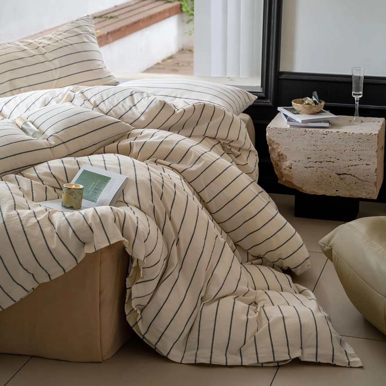 LifeTB Boho Striped Duvet Cover Sets King Beige Cream Duvet Cover with Grey Stripes Pattern Comforter Cover Breathable Farmhouse Bedding 100% Washed Cotton Striped Bedding Comforter Cover King Size
