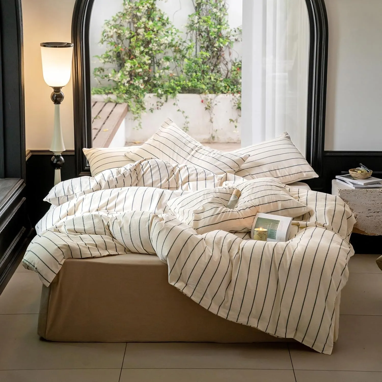 LifeTB Boho Striped Duvet Cover Sets King Beige Cream Duvet Cover with Grey Stripes Pattern Comforter Cover Breathable Farmhouse Bedding 100% Washed Cotton Striped Bedding Comforter Cover King Size