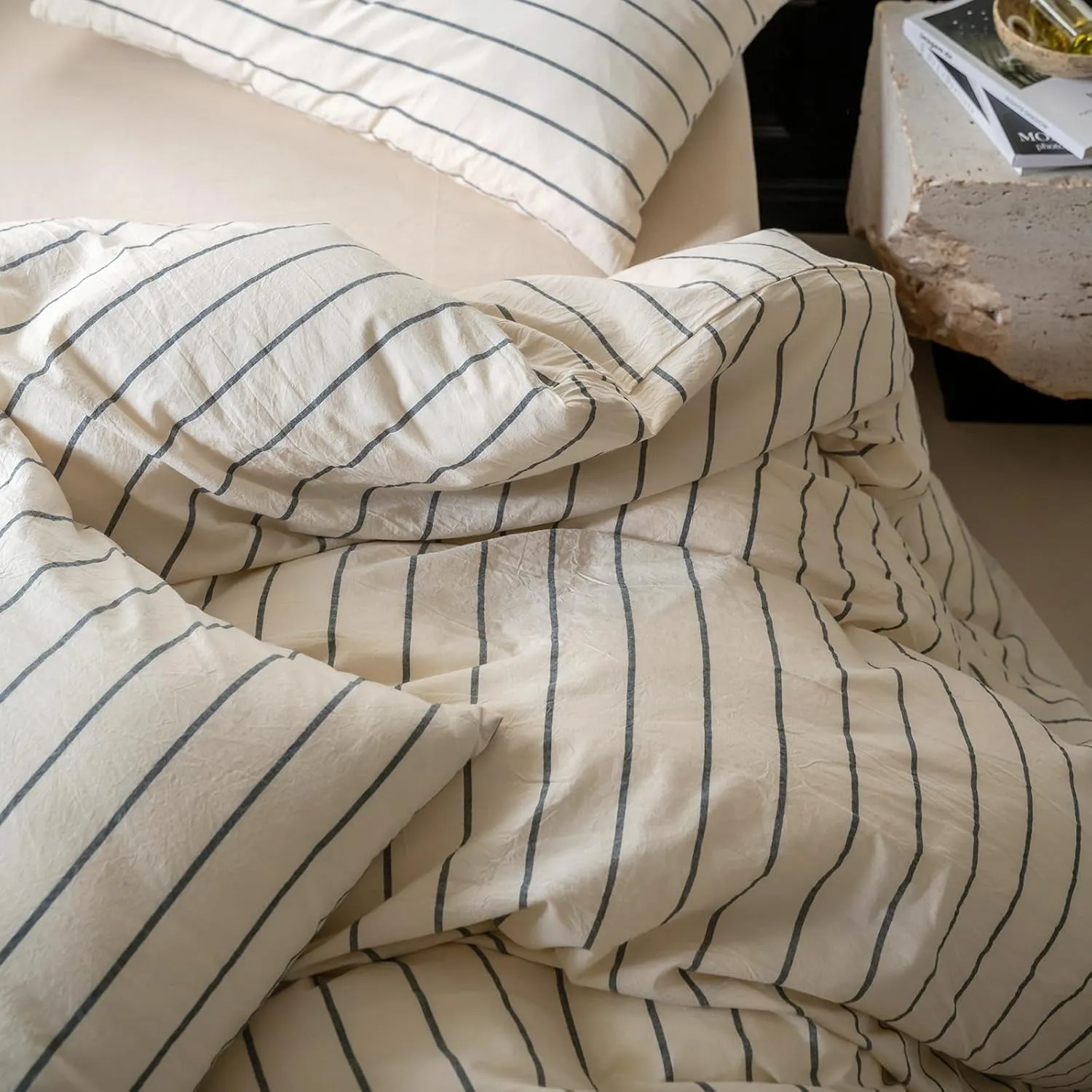 LifeTB Boho Striped Duvet Cover Sets King Beige Cream Duvet Cover with Grey Stripes Pattern Comforter Cover Breathable Farmhouse Bedding 100% Washed Cotton Striped Bedding Comforter Cover King Size