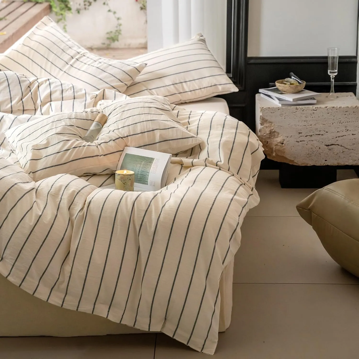 LifeTB Boho Striped Duvet Cover Sets King Beige Cream Duvet Cover with Grey Stripes Pattern Comforter Cover Breathable Farmhouse Bedding 100% Washed Cotton Striped Bedding Comforter Cover King Size