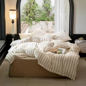 LifeTB Boho Striped Duvet Cover Sets King Beige Cream Duvet Cover with Grey Stripes Pattern Comforter Cover Breathable Farmhouse Bedding 100% Washed Cotton Striped Bedding Comforter Cover King Size