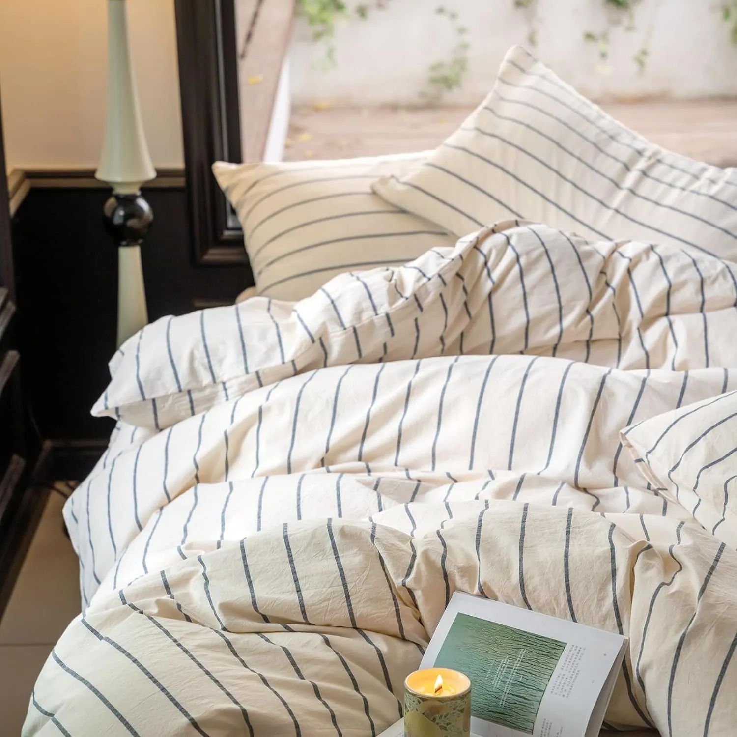 LifeTB Boho Striped Duvet Cover Sets King Beige Cream Duvet Cover with Grey Stripes Pattern Comforter Cover Breathable Farmhouse Bedding 100% Washed Cotton Striped Bedding Comforter Cover King Size