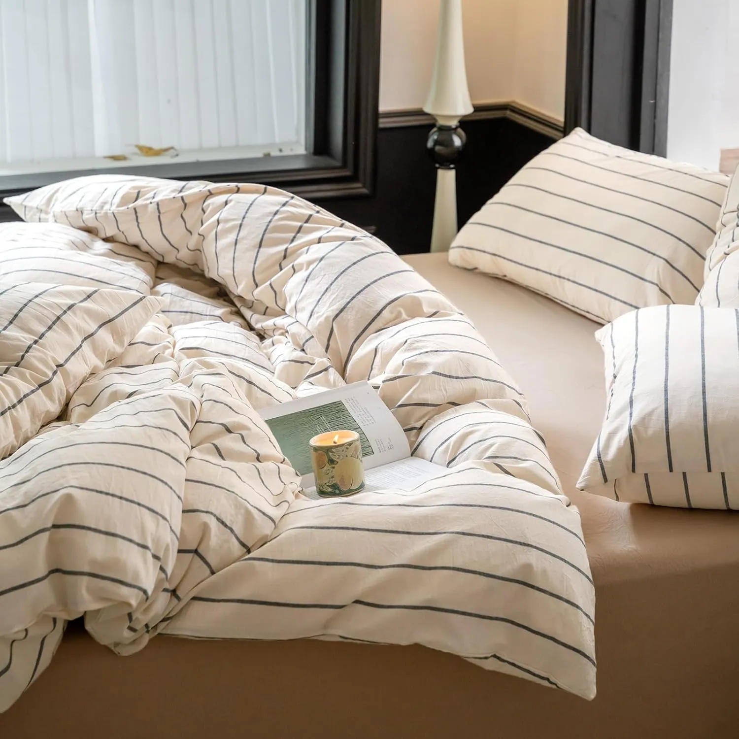 LifeTB Boho Striped Duvet Cover Sets King Beige Cream Duvet Cover with Grey Stripes Pattern Comforter Cover Breathable Farmhouse Bedding 100% Washed Cotton Striped Bedding Comforter Cover King Size