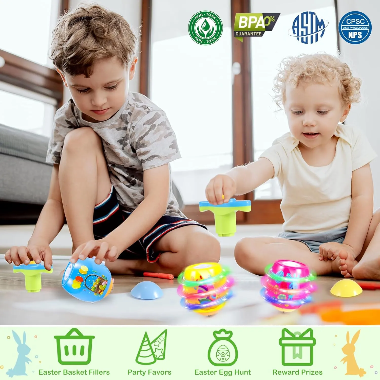 Light Up Easter Eggs Toy Gifts for Kids, 6 Cute Easter Egg Spinning Tops with Flash & Music, Easter Basket Stuffers Essentials, Easter Eggs Hunt Prize, Kids Goodie Bag Fillers, Party Favor Novelty Toy
