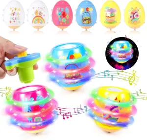 Light Up Easter Eggs Toy Gifts for Kids, 6 Cute Easter Egg Spinning Tops with Flash & Music, Easter Basket Stuffers Essentials, Easter Eggs Hunt Prize, Kids Goodie Bag Fillers, Party Favor Novelty Toy