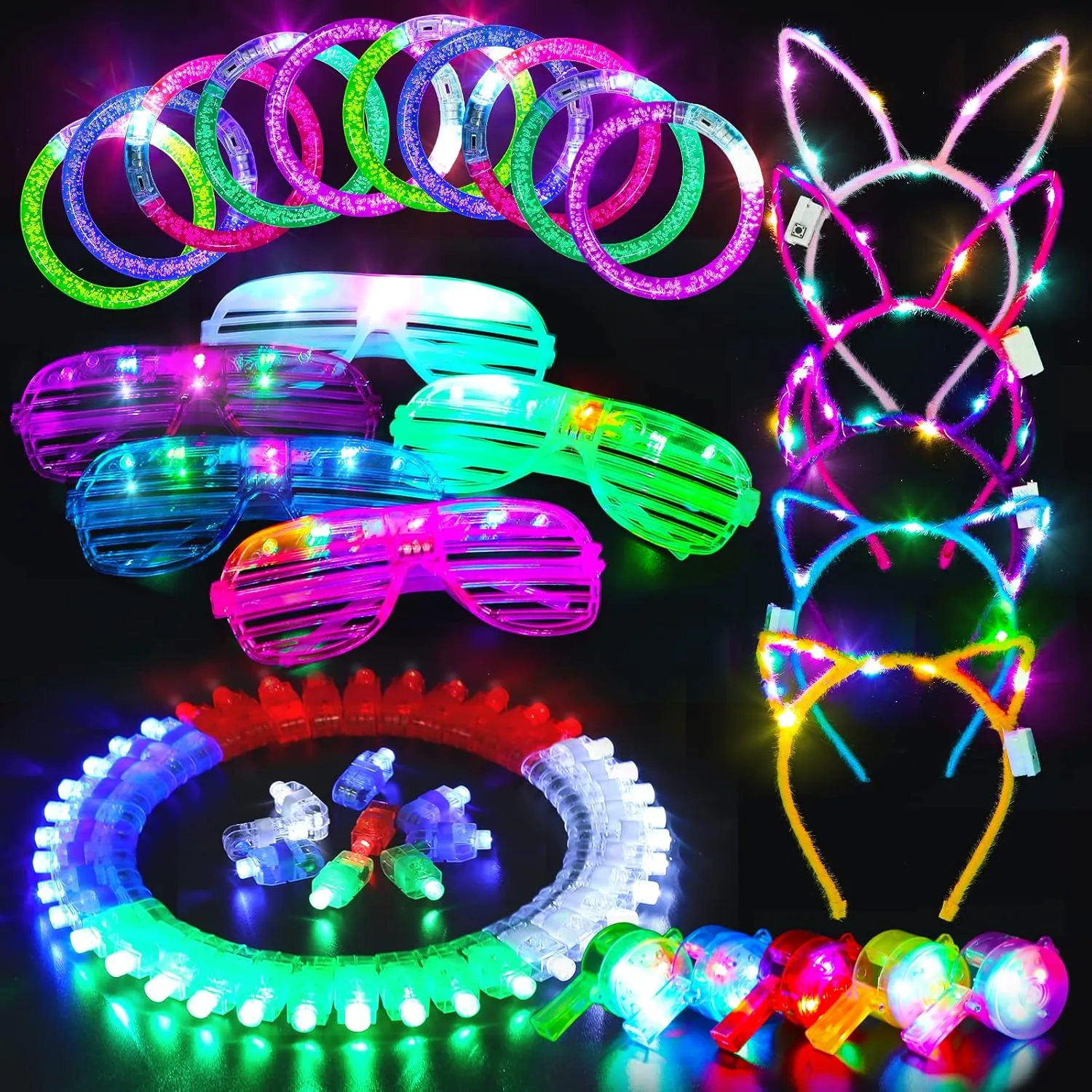 Light Up Glow Party Supplies 65 Pack New Year Eve LED Glow In The Dark Birthday Neon Party Favors Accssories for Kids Adults, 5 Glasses 10 Bracelets 5 Headbands 5 Necklaces 40 Finger Lights