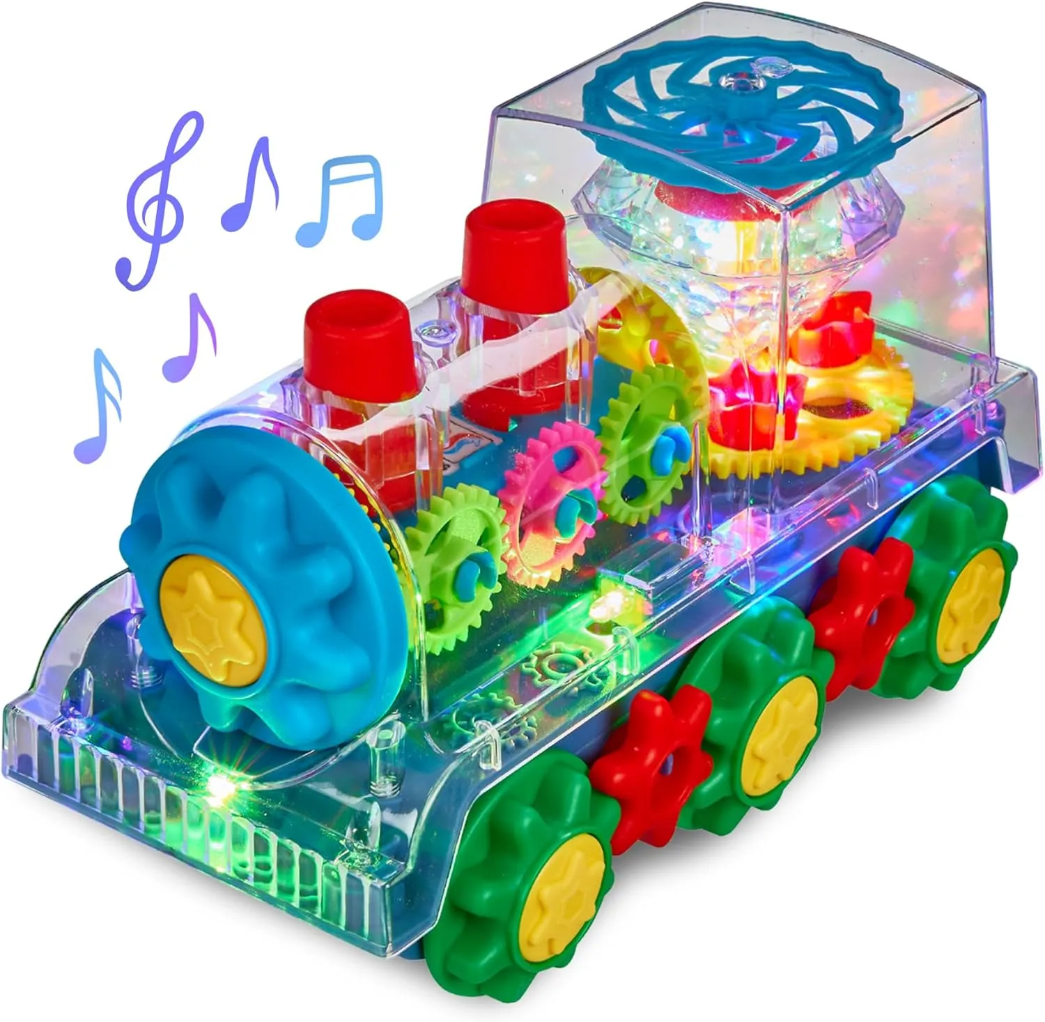 Light Up Train - Transparent Gear Car Toys for Kids - Early Music Educational Crawling Toys - Flashing Lights, Battery Operated - Birthday for Boys & Girls