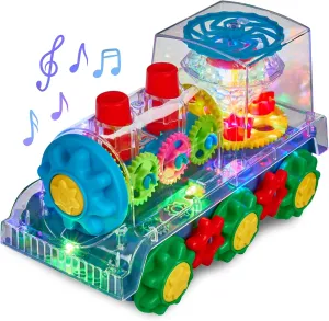 Light Up Train - Transparent Gear Car Toys for Kids - Early Music Educational Crawling Toys - Flashing Lights, Battery Operated - Birthday for Boys & Girls