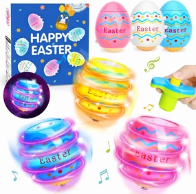 Light Up Easter Eggs Toy Gifts for Kids, 6 Easter Egg Spinning Tops with Flash & Music, Easter Basket Stuffers, Easter Eggs Hunt Prize, Kids Goodie Bag Fillers, Party Favor Novelty Bulk Toys