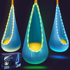 Light Up Kids Pod Swing Seat, Kids Hanging Hammock Swing with LED Lights, Sensory Pod Swing Chair with Inflatable Pillow & All Accessories, Pod Swing for Kids Indoor & Outdoor (Light Blue)