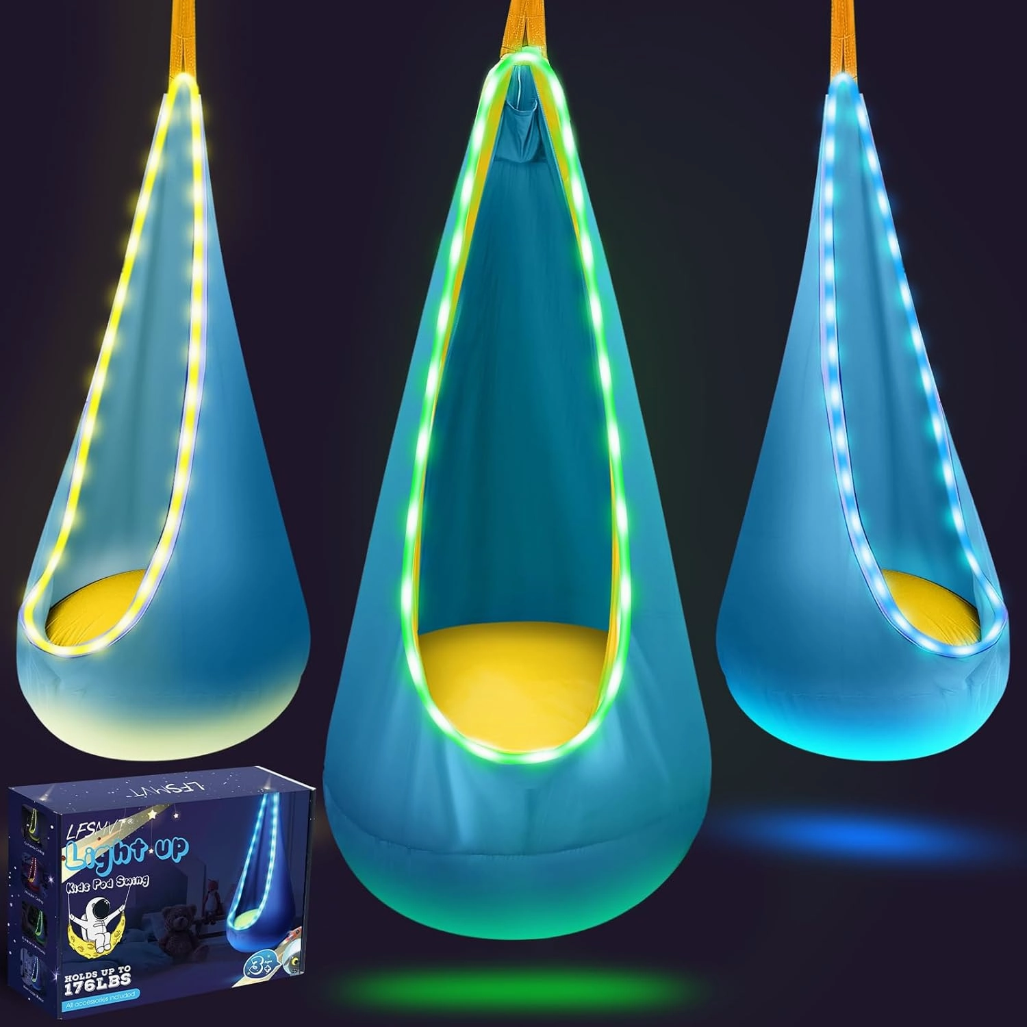 Light Up Kids Pod Swing Seat, Kids Hanging Hammock Swing with LED Lights, Sensory Pod Swing Chair with Inflatable Pillow & All Accessories, Pod Swing for Kids Indoor & Outdoor (Light Blue)