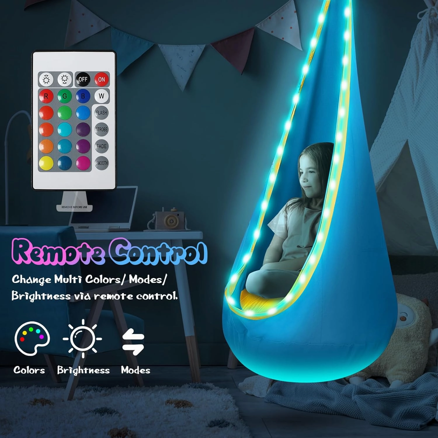 Light Up Kids Pod Swing Seat, Kids Hanging Hammock Swing with LED Lights, Sensory Pod Swing Chair with Inflatable Pillow & All Accessories, Pod Swing for Kids Indoor & Outdoor (Light Blue)