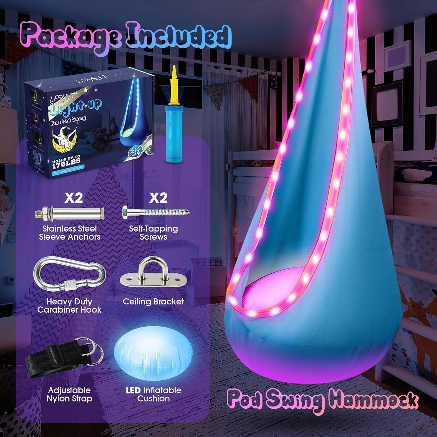 Light Up Kids Pod Swing Seat, Kids Hanging Hammock Swing with LED Lights, Sensory Pod Swing Chair with Inflatable Pillow & All Accessories, Pod Swing for Kids Indoor & Outdoor (Light Blue)