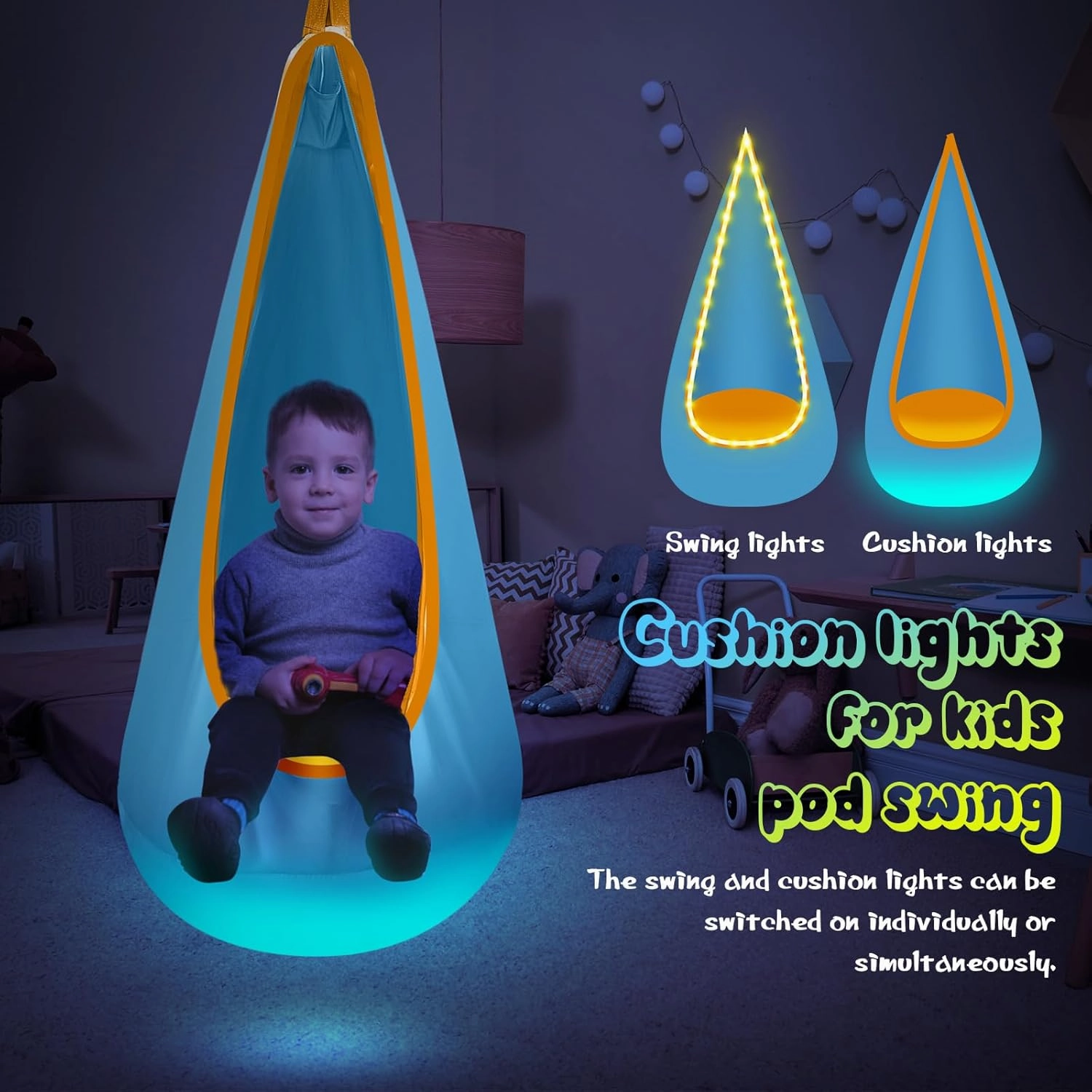 Light Up Kids Pod Swing Seat, Kids Hanging Hammock Swing with LED Lights, Sensory Pod Swing Chair with Inflatable Pillow & All Accessories, Pod Swing for Kids Indoor & Outdoor (Light Blue)