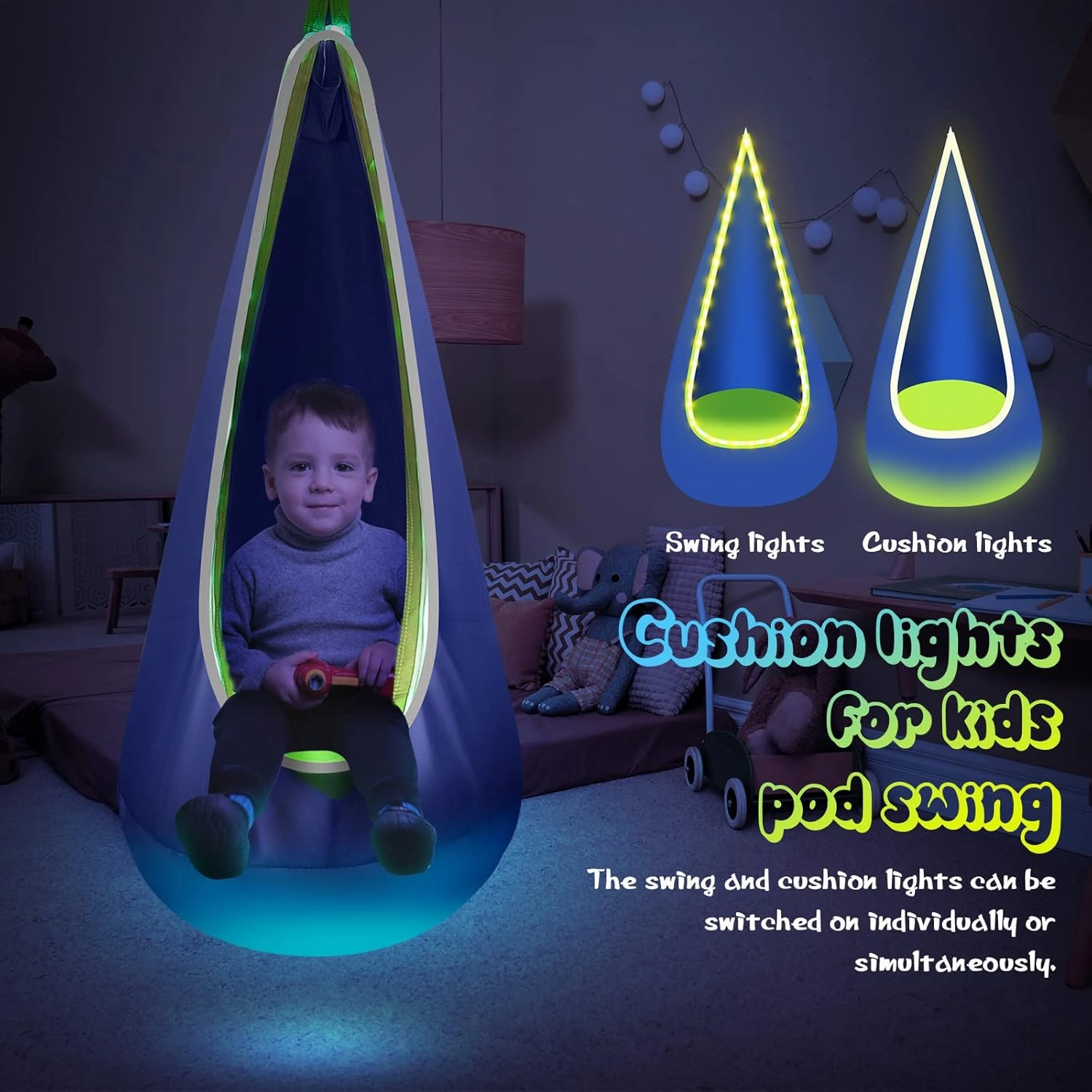 Light Up Kids Pod Swing Seat, Upgraded Kids Hanging Hammock Swing with LED Lights, Cotton Sensory Pod Swing Chair with Inflatable Pillow, Pod Swing for Kids Indoor & Outdoor (1 PCS) (Blue)