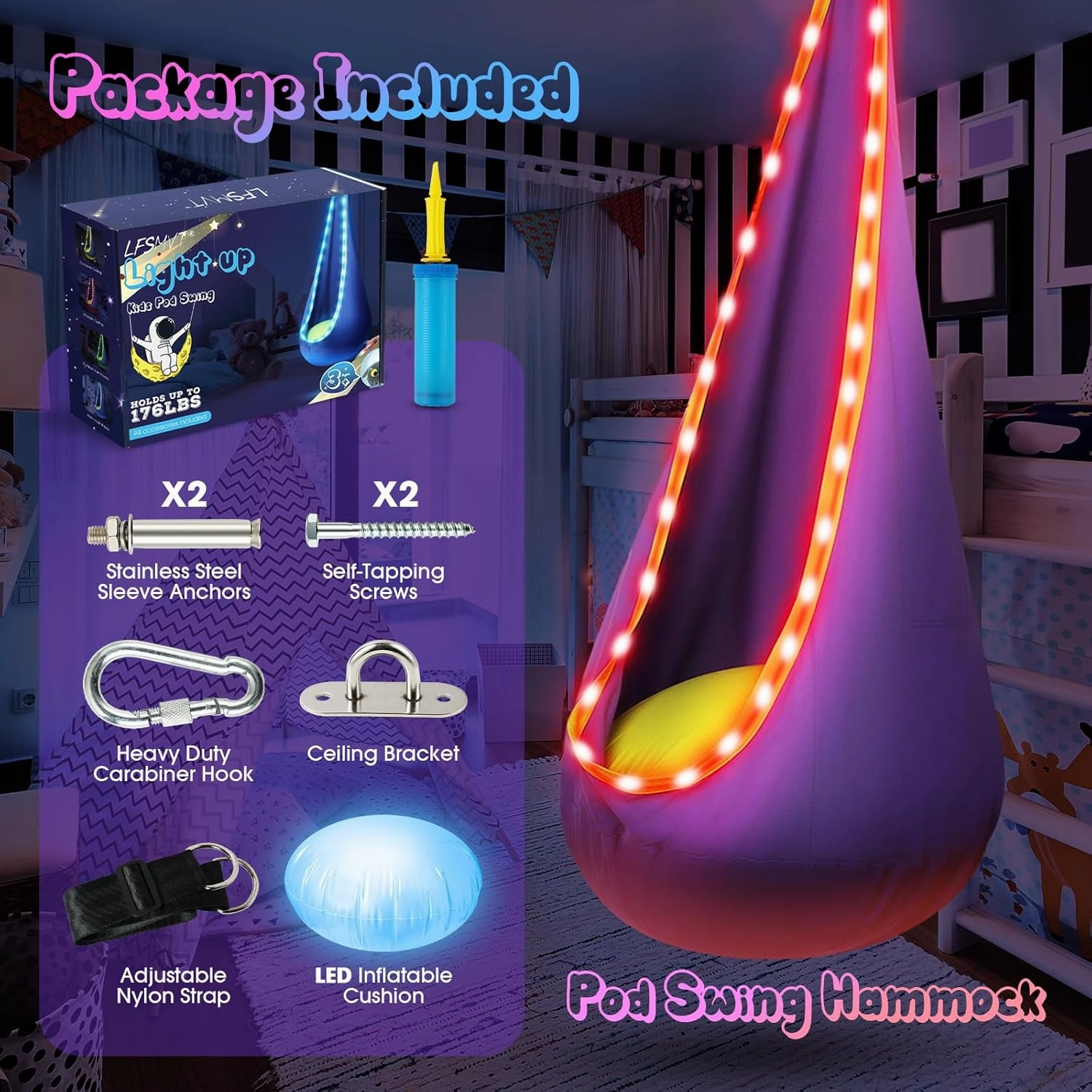 Light Up Kids Pod Swing Seat, Upgraded Kids Hanging Hammock Swing with LED Lights, Cotton Sensory Pod Swing Chair with Inflatable Pillow, Pod Swing for Kids Indoor & Outdoor (1 PCS) (Blue)