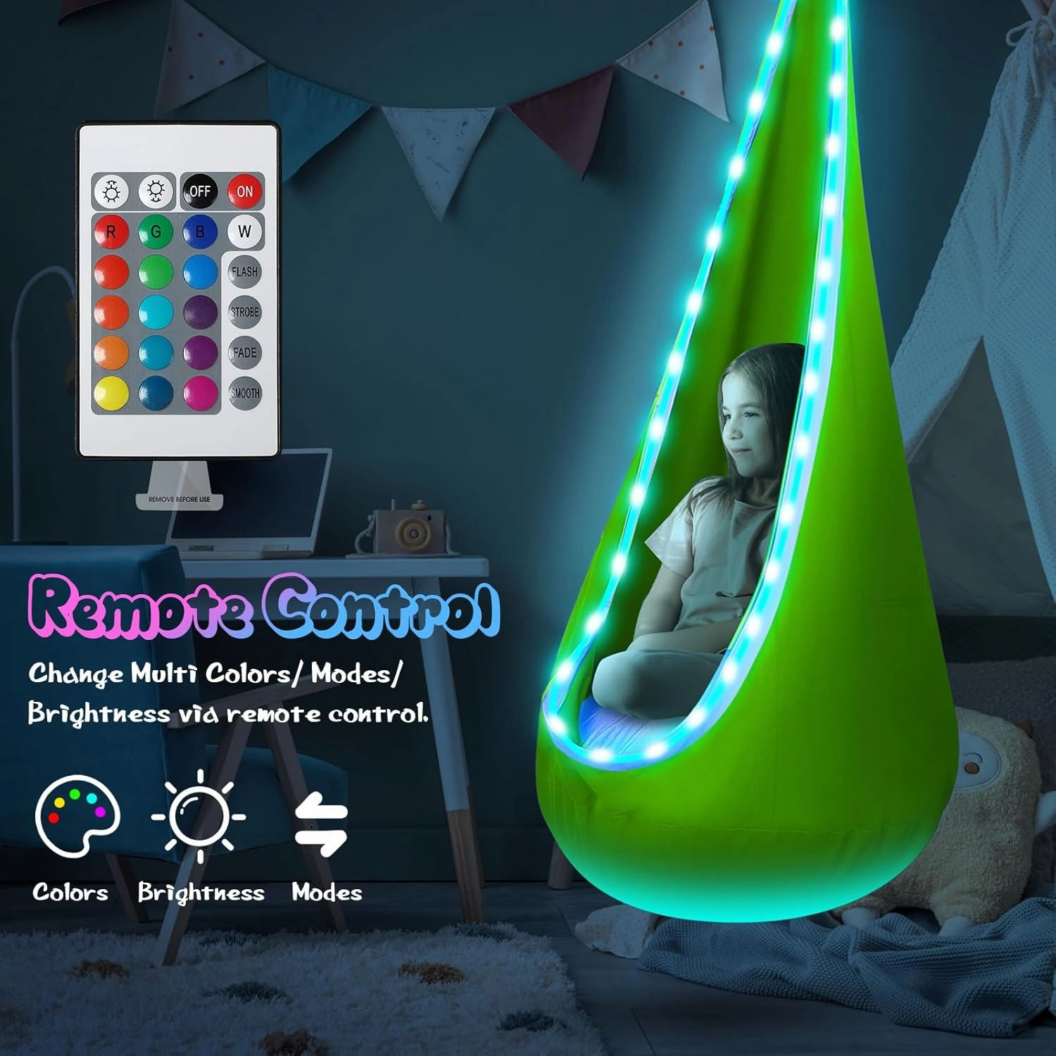 Light Up Kids Pod Swing Seat, Upgraded Kids Hanging Hammock Swing with LED Lights, Cotton Sensory Pod Swing Chair with Inflatable Pillow, Pod Swing for Kids Indoor & Outdoor (1 PCS) (Green)