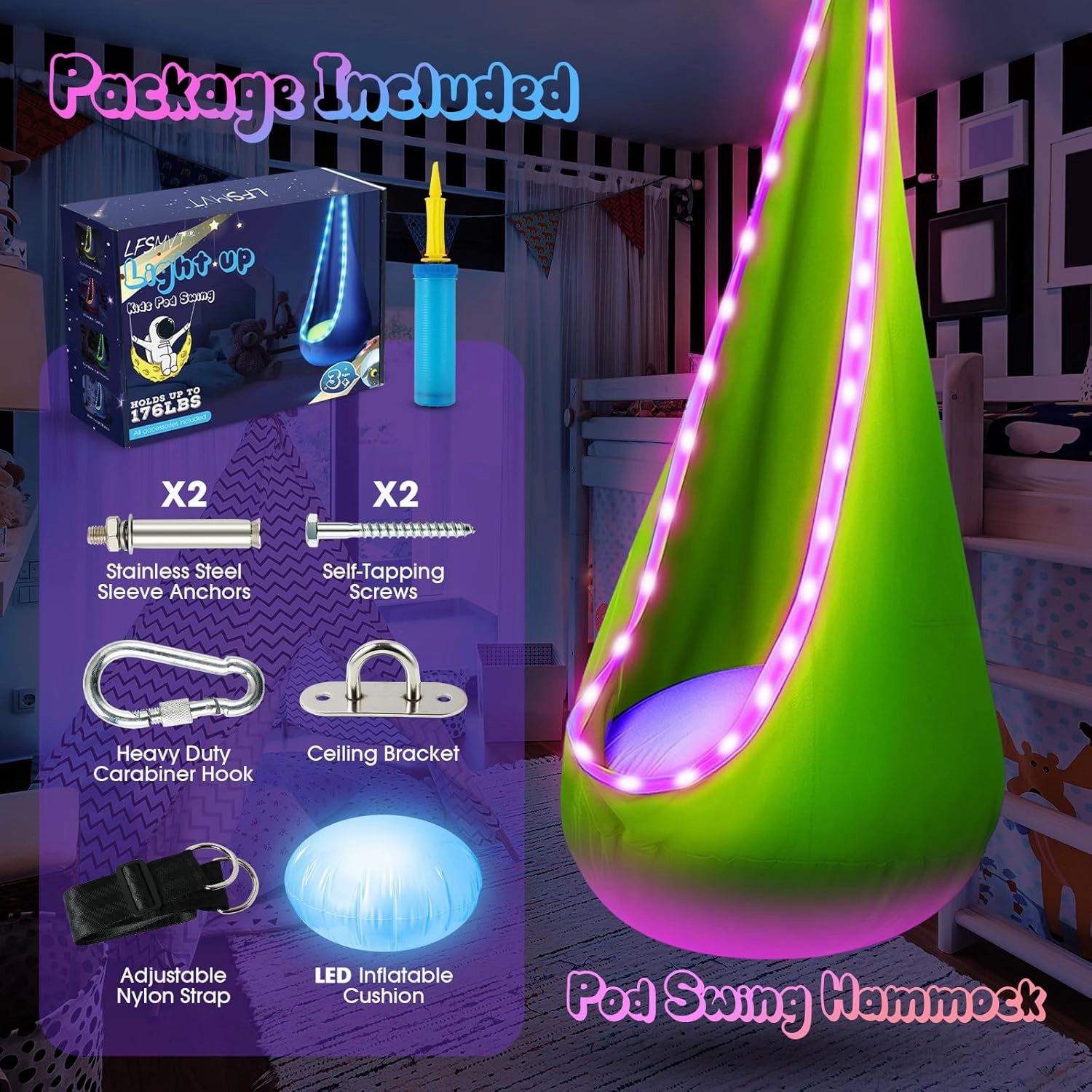 Light Up Kids Pod Swing Seat, Upgraded Kids Hanging Hammock Swing with LED Lights, Cotton Sensory Pod Swing Chair with Inflatable Pillow, Pod Swing for Kids Indoor & Outdoor (1 PCS) (Green)