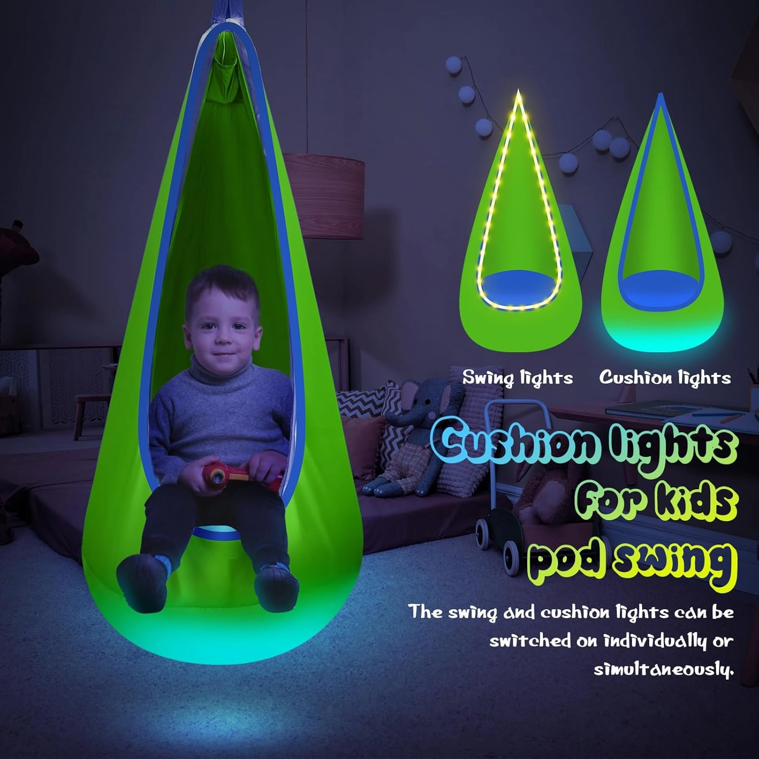 Light Up Kids Pod Swing Seat, Upgraded Kids Hanging Hammock Swing with LED Lights, Cotton Sensory Pod Swing Chair with Inflatable Pillow, Pod Swing for Kids Indoor & Outdoor (1 PCS) (Green)